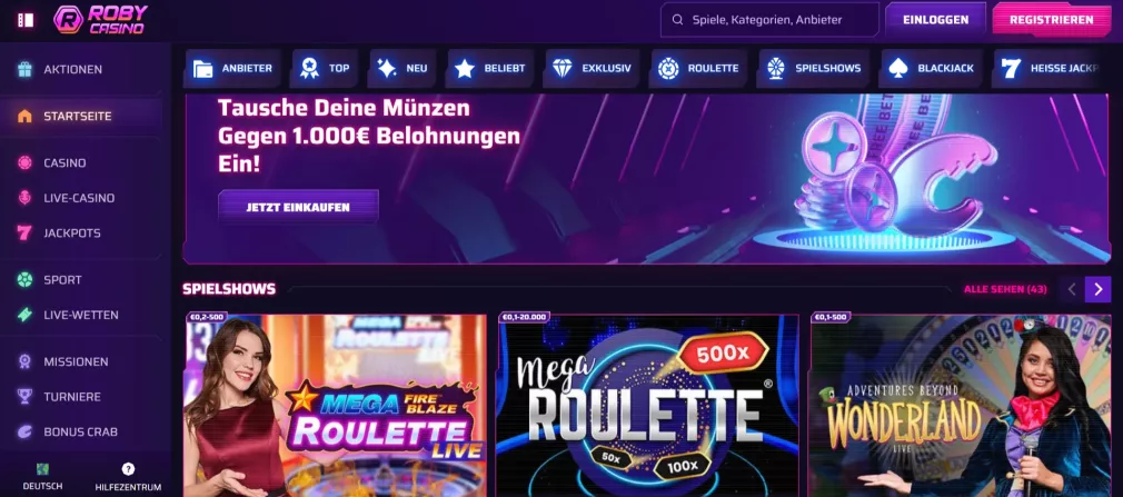 Roby Casino – 250% bis zu 2500 € + 250 Freispiele Willkommensbonus